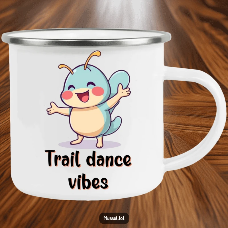 Funny camping mug with a cheerful mussel character doing a lively shimmy dance, ideal for outdoor fun and energetic moments.