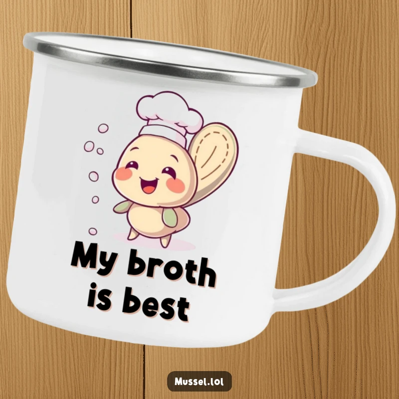 Funny chef mussel in a hat, juggling pearls, on a durable camping mug, ready for outdoor escapades.