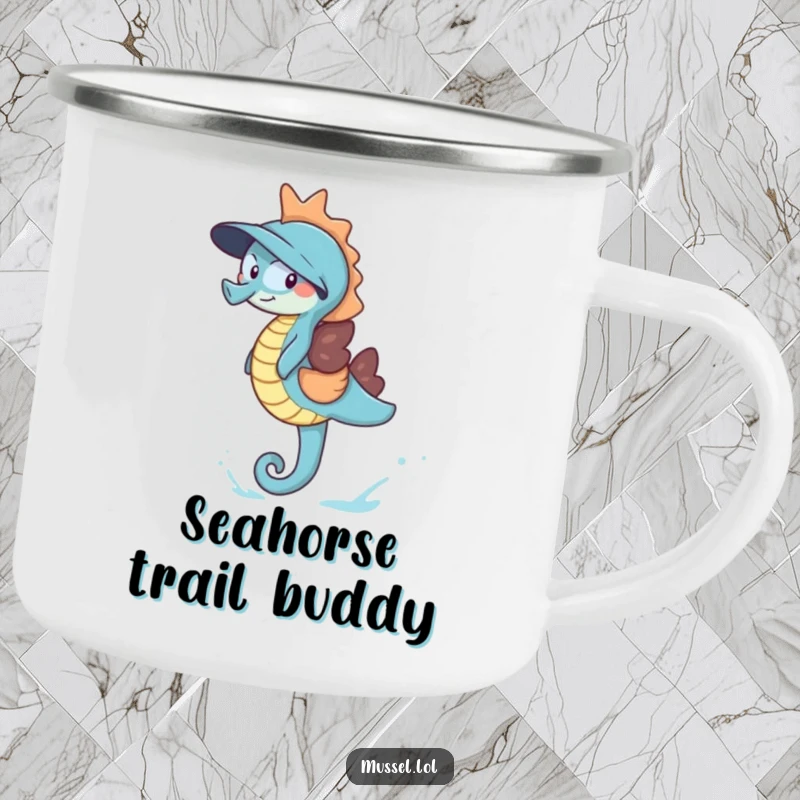 Funny Giggling Mussel Camping Mug depicting a mussel laughing heartily while riding a blue seahorse, built for durable outdoor humor and enjoyment.