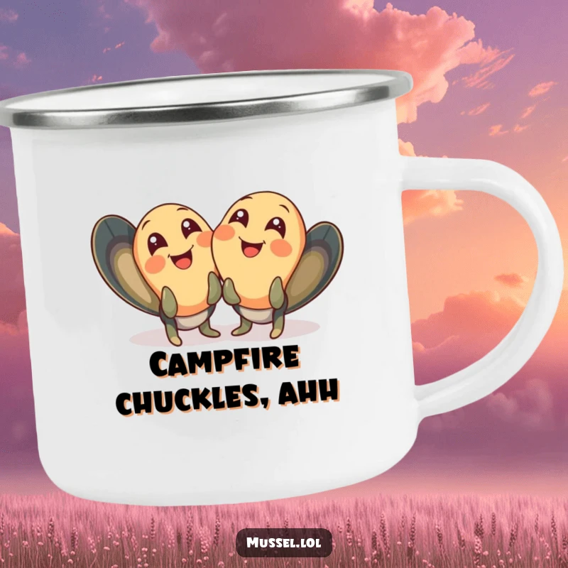 Funny mussel camping mug with two mussels giggling with wide, joyful eyes, designed for outdoor cheer.