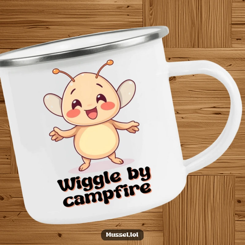 Funny Kawaii Mussel Camping Mug: A cute mussel character doing a joyful dance, offering a humorous and durable travel mug.