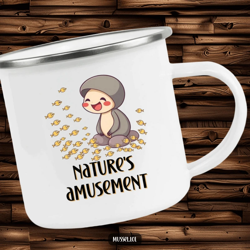 Funny camping mug with a mussel laughing while observing tiny fish swimming in a circle, perfect for humorous outdoor enjoyment.