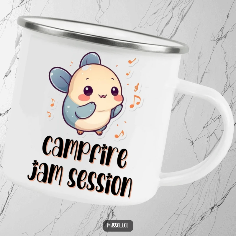 Funny mussel character with tiny musical notes floating around it, designed for a humorous camping mug.