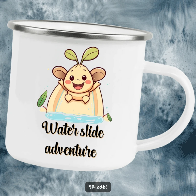 Funny mussel character with a large smile sliding down a water slide, a durable and humorous camping mug.
