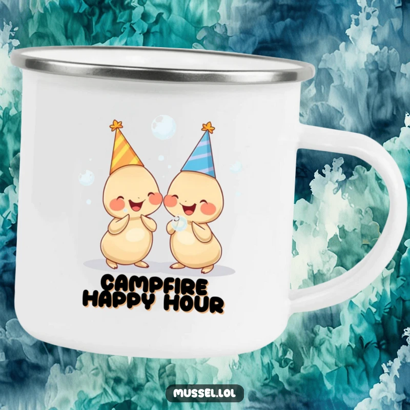 Funny camping mug featuring two chubby mussels in party hats, holding bubbles and giggling, perfect for cheerful outdoor drinks.