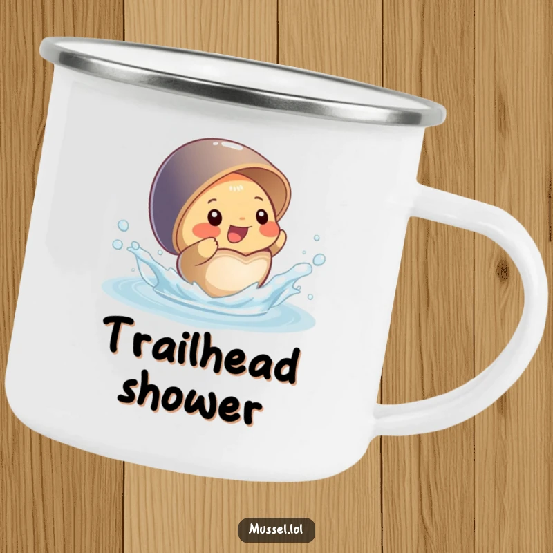 Funny camping mug with a happy mussel character splashing water from its open shell, a durable and humorous drinkware.