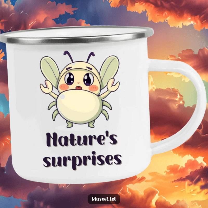 Funny camping mug with a shocked mussel character with wide eyes, watching a tiny waving crab, a durable and humorous drinkware.