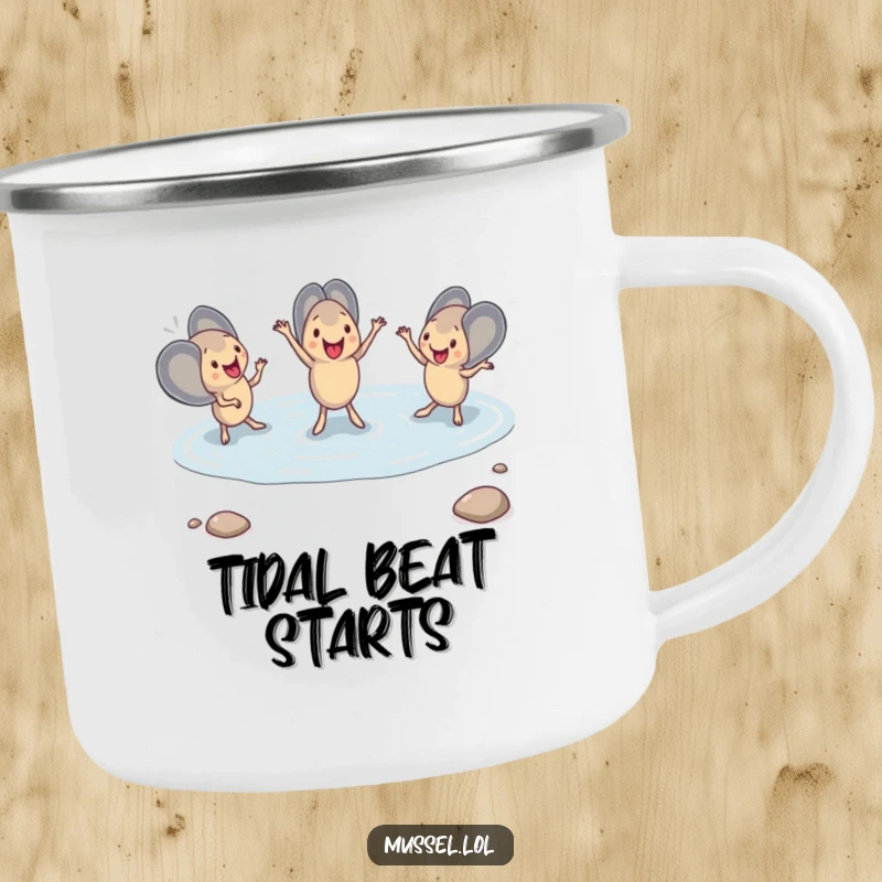 Funny Mussel Dance Camping Mug depicting mussels in a synchronized dance within a tide pool, built for durable outdoor humor and refreshment.