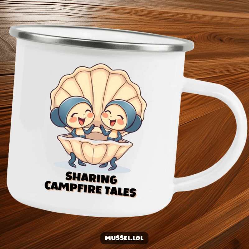 Funny Camping Mug: Two happy mussel characters giggling in a giant clam shell, perfect for outdoor friends and humor lovers.