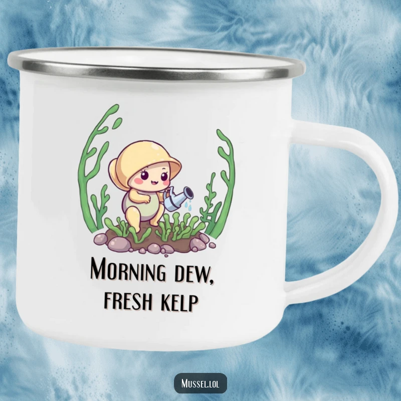 Funny Mussel Camping Mug: A mussel waters a tiny kelp garden, designed for outdoor enjoyment and appreciating nature, a perfect funny gift.