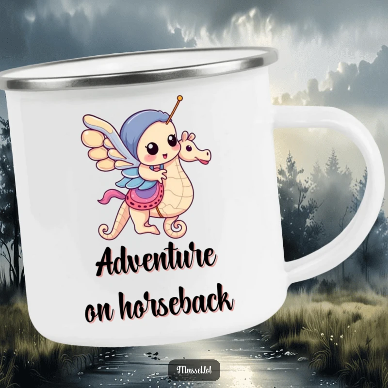 Funny Mussel Camping Mug: A mussel rides a carousel seahorse, designed for adventure and enjoyment outdoors, a perfect funny gift.
