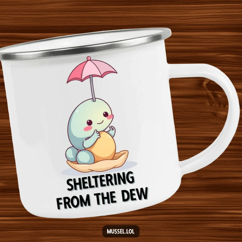 Funny Mussel Umbrella Camping Mug: A sturdy mug showing a mussel character balancing a tiny umbrella, perfect for campfire stories and hot drinks.