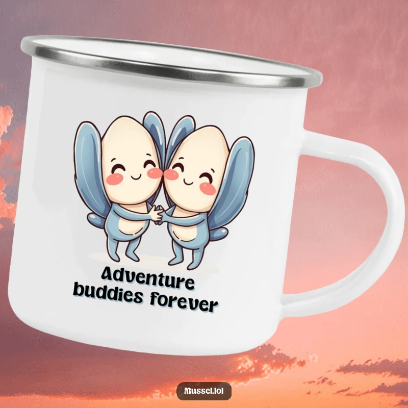 Funny mussel camping mug with a smiling pair of mussels holding hands, ready for outdoor enjoyment.