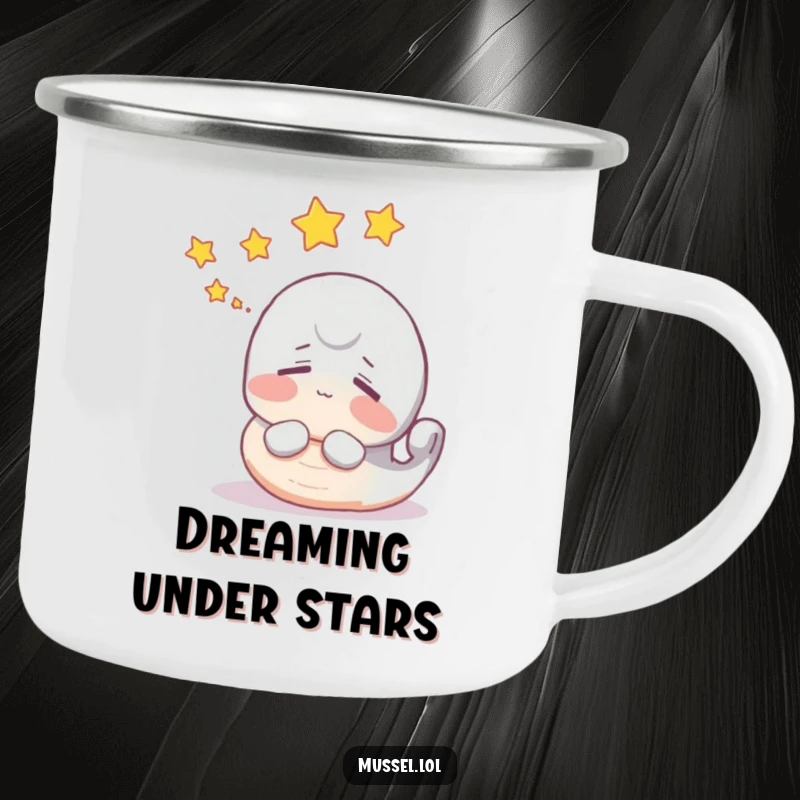 Funny mussel camping mug with a dreaming character and stars, ideal for outdoor excursions.