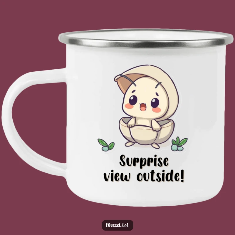 Funny Surprised Mussel Peeking Camping Mug - Adventures with Surprise!