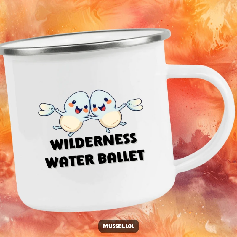 Funny Mussels Camping Mug with a synchronized swimming pair, perfect for enjoying drinks outdoors with a humorous twist, a fantastic funny gift.