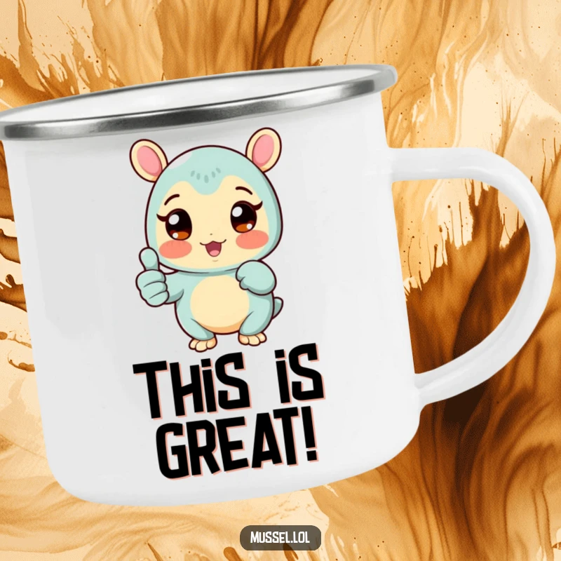 Funny Mussel Camping Mug with a rosy-cheeked mussel character giving a thumbs up, perfect for cheerful outdoor drinks, a fantastic funny gift.