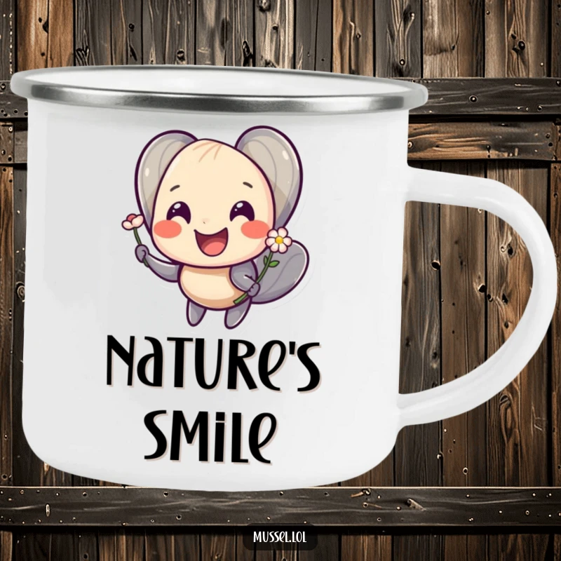 Funny camping mug with a smiling mussel character offering a tiny flower, perfect for outdoor use.