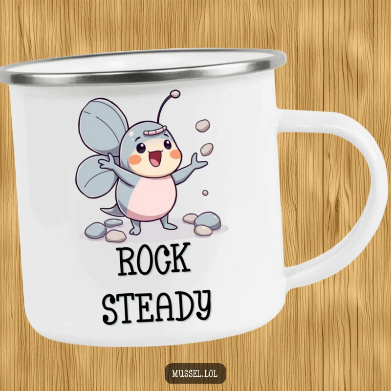 Funny mussel character juggler camping mug, enthusiastically juggling pebbles, ready for adventure.