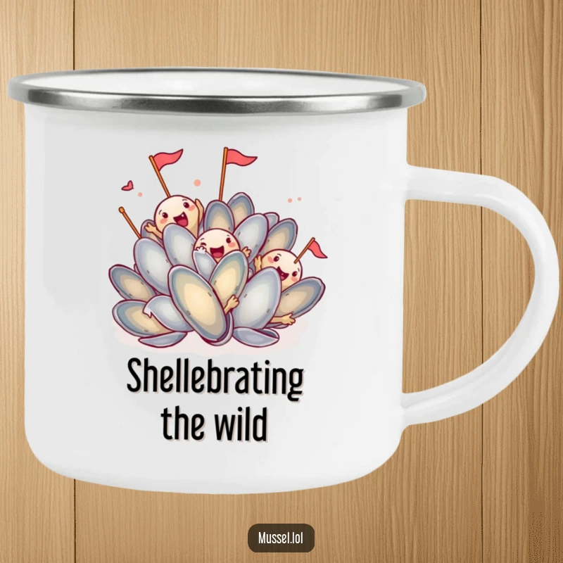 Funny Mussel Camping Mug: A mussel character striking a dramatic pose under a spotlight, ideal for humorous outdoor moments.