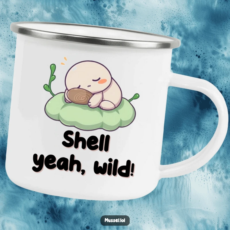 Funny Mussel Camping Mug: A sleepy mussel character snoozing on seaweed, designed for enjoying drinks outdoors with a humorous touch.