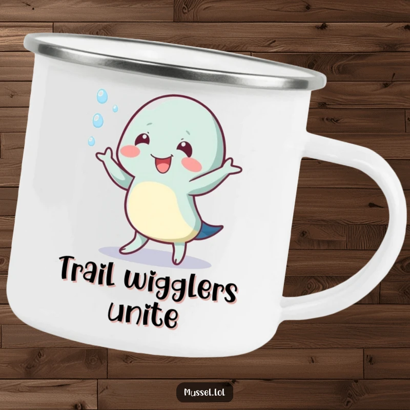 Funny camping mug featuring a mussel character doing a happy wiggle dance, with water droplets, for outdoor enjoyment.
