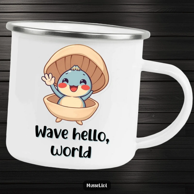 Funny camping mug featuring a smiling mussel character waving from its open shell, ideal for outdoor enjoyment.