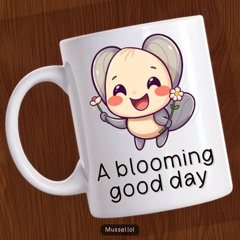 Funny mug depicting a smiling mussel character offering a tiny flower with a heartwarming, cheerful expression.