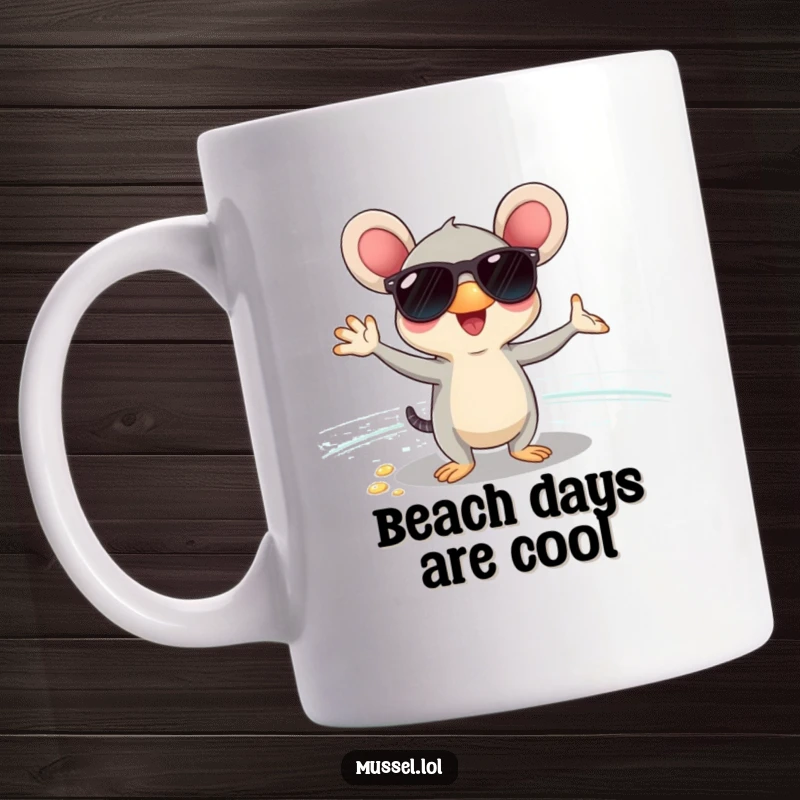 Funny mussel wearing sunglasses, striking a cool pose on a beach, depicted on a mug, radiating beachy humor.