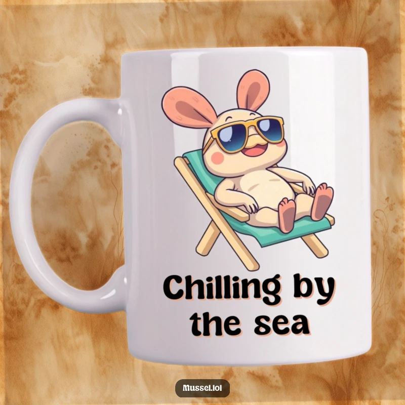Funny Mussel Mug with a mussel character wearing sunglasses, relaxing on a beach chair, embodying ultimate chill and vacation vibes, a great funny gift.