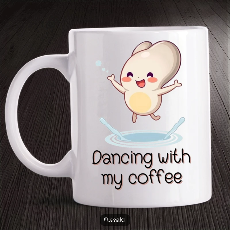 Funny mussel mug featuring a character joyfully dancing with little legs and a tiny splash, full of energy.