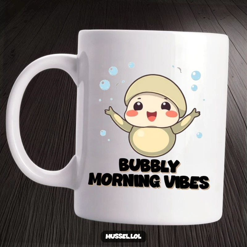 Funny mug showcasing a celebratory mussel character with tiny bubbles rising around it, indicating a joyful and festive mood.