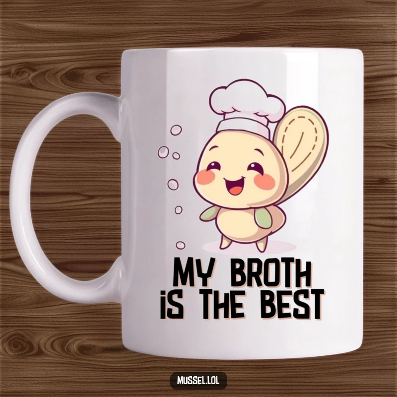 Funny chef mussel wearing a tiny hat, smiling while juggling shiny pearls on a kitchen counter, a delightful culinary image.