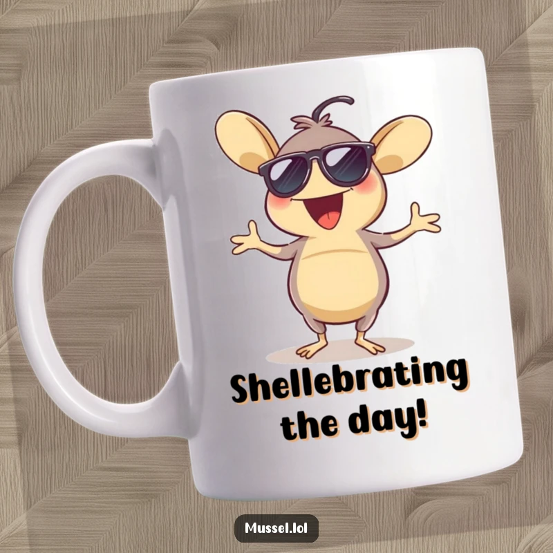 Funny mug featuring an excited mussel wearing sunglasses, energetically dancing a jig with pure joy and a carefree attitude.