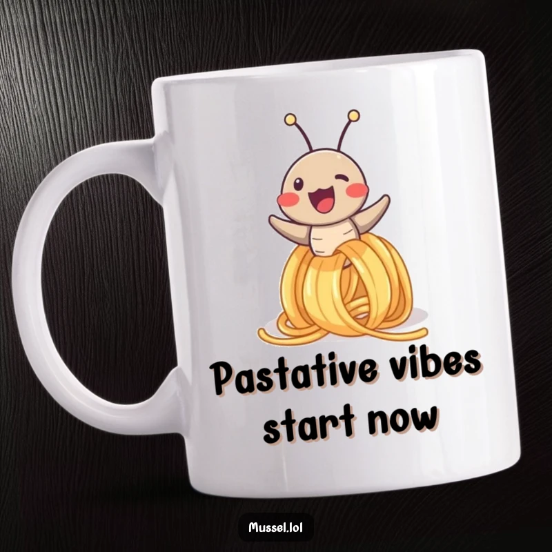 Funny mug with a cheerful mussel character joyfully sliding down a long spaghetti noodle, celebrating delicious pasta and good times.