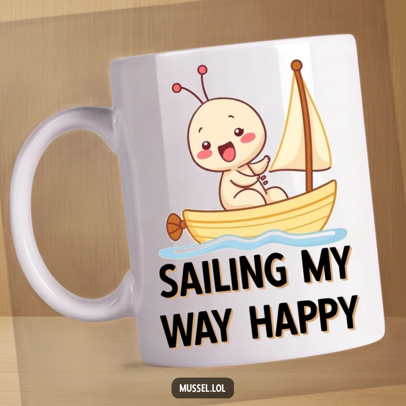 Funny Kawaii Mussel Mug: A cute mussel character gleefully giggling while steering a miniature sailboat, pure nautical joy.
