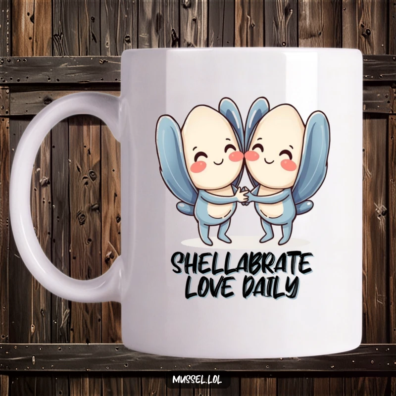 Funny mussel mug showing a pair of sweet mussels holding hands and smiling, celebrating their love.