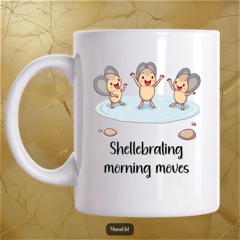 Funny Mussel Dance Mug showing a group of mussels performing a synchronized dance routine in a shallow tide pool, exuding seaside silliness.