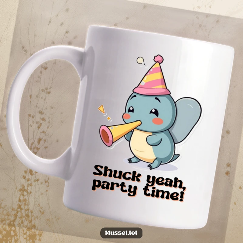 Funny Mussel Party Mug: A cheerful mussel character wearing a party hat energetically blows a party horn, a true celebration.