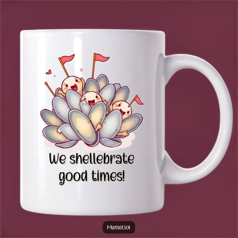 Funny Mussel Party Mug: Group Cheering with Flags, Perfect Humorous Gift
