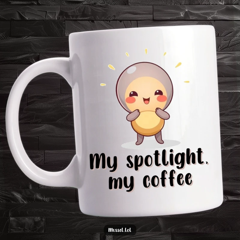Funny Mussel Star Mug: A mussel character dramatically posing center stage under a spotlight, exuding humorous star power.