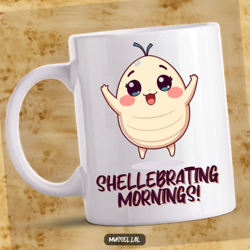 Funny plump mussel character with wide eyes jumping with pure excitement, a delightful and cheerful mug design.
