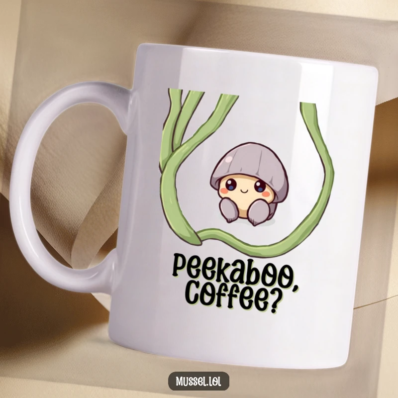 Funny mug featuring a shy mussel character peeking its eyes out from beneath a green seaweed frond.