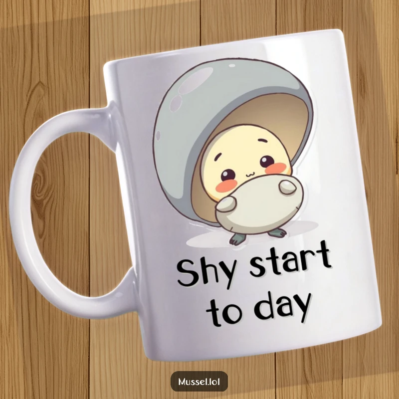 Funny shy mussel character peeking from behind a larger mussel, a cute and humorous mug design.