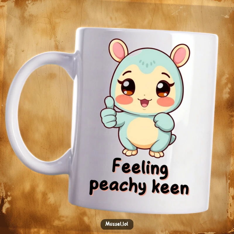 Funny Mussel Mug with a rosy-cheeked mussel character and wide eyes giving a big thumbs up, radiating pure joy and approval, a great funny gift.