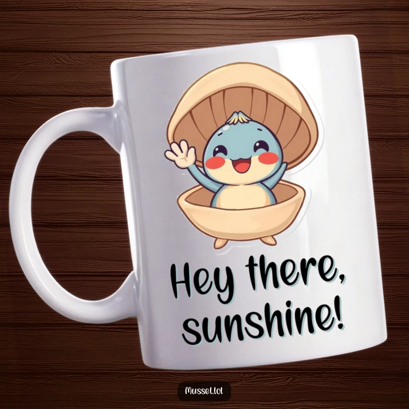 Funny mug featuring a smiling mussel character excitedly waving its small appendages from its wide-open shell.