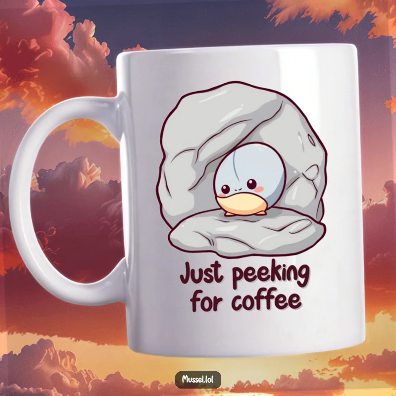 Funny Shy Mussel Mug: A shy mussel character peeking out from behind a large rock, conveying endearing and humorous shyness.