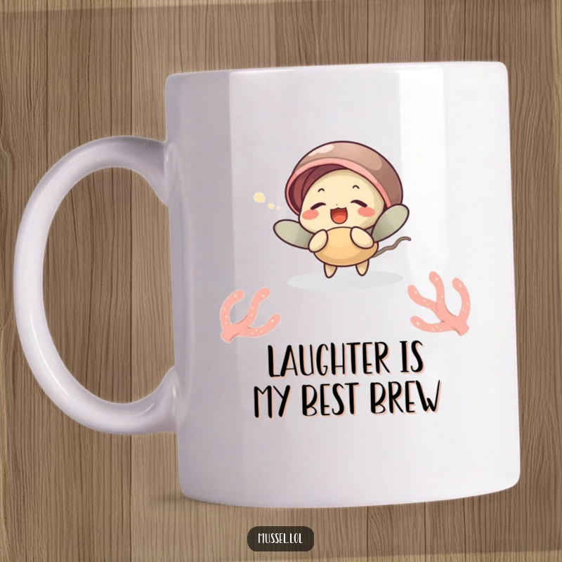 Funny mussel mug showing a character giggling while being tickled by a sea anemone, radiating joy and making a great funny gift.
