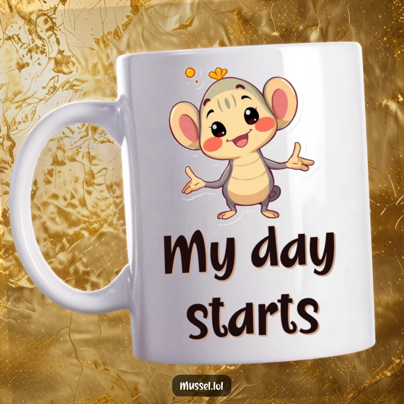 Funny mussel mug character striking a comically exaggerated, dramatic pose with flair, showing off its personality.