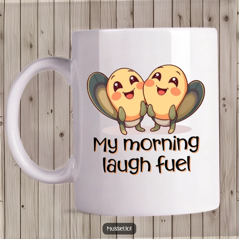 Funny mussel mug showing two mussels giggling with wide, joyful eyes, capturing a moment of pure happiness.